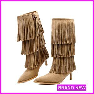 Suede Fringe Boots Kitten Heel Pointed Toe Mid Calf Tassels Design Fashion